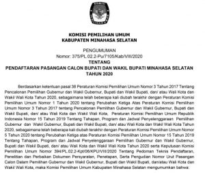 Pengumuman KPU Minsel Tentang Pendaftaran Pasangan Calon Bupati dan Calon Wakil Bupati