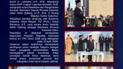 Wakili Bupati Ronald Kandoli,Wakil Bupati Fredy Tuda Hadiri Pelantikan Sekretaris Provinsi Sulawesi Utara 
